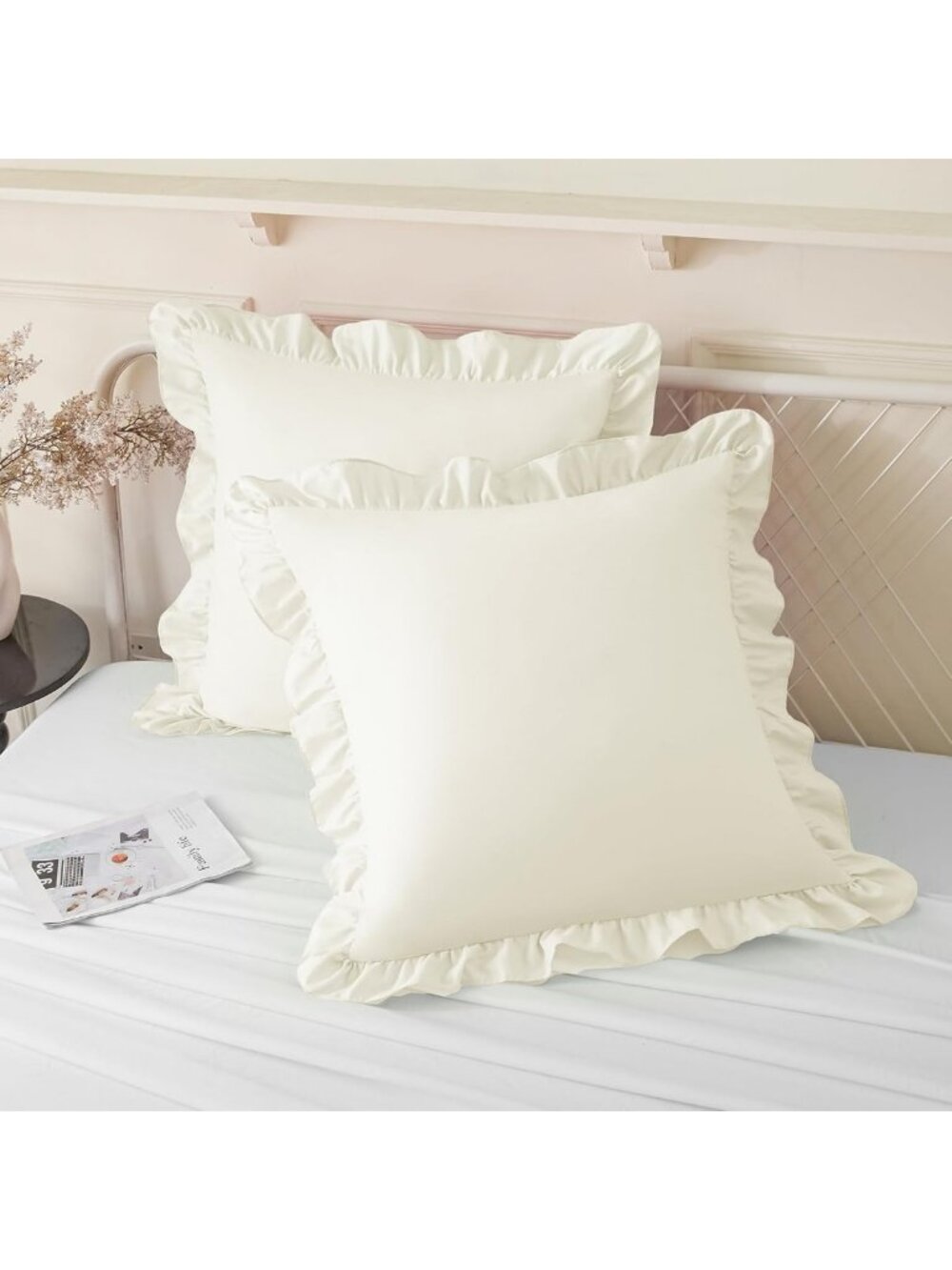 Set of 2 Ruffle Pillow Cases 26x26 Inches, Soft Beige Decorative Cushions